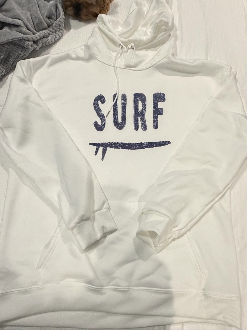 SHEIN White Hoodie Pullover with Navy SURF Graphic